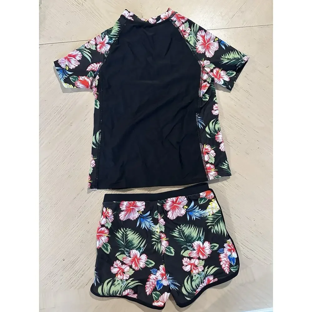 Swimsuit for Girls Floral Two Piece Tankini Set Rash Guard Black Swimming 11 T